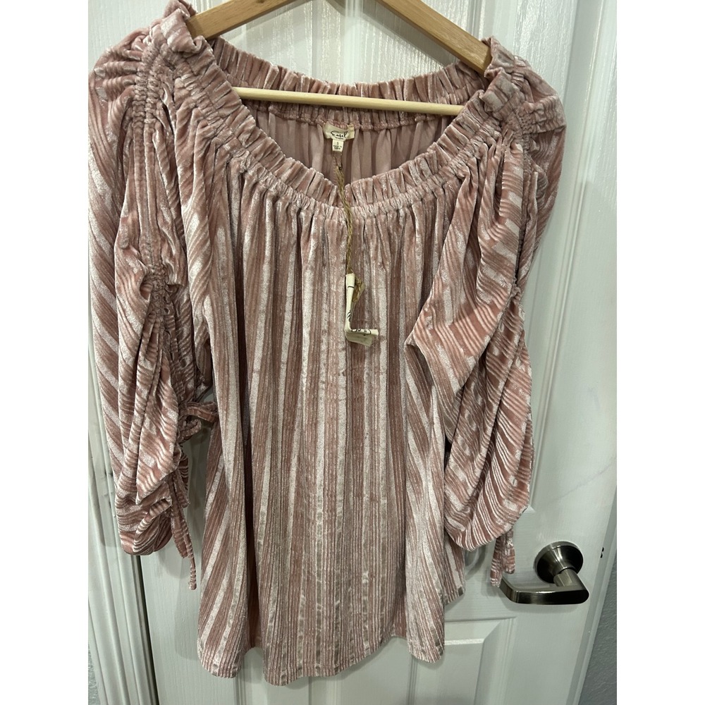 Easel Blouse Pink Crushed Velvet Pleated Off Shoulder Boho Smocked Sleeve Top